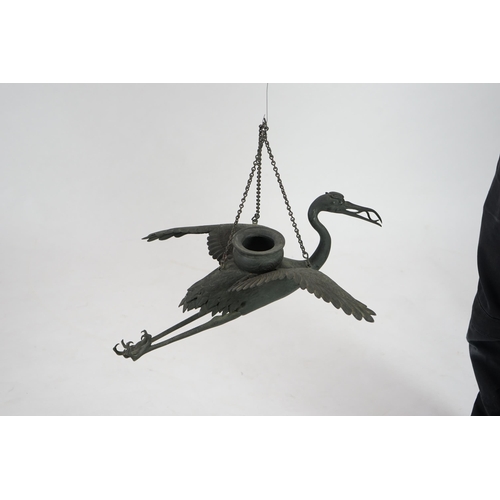 59 - A large Japanese bronze crane hanging lamp, 19th century, the crane modelled in-flight with outstr... 