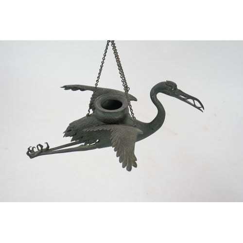 59 - A large Japanese bronze crane hanging lamp, 19th century, the crane modelled in-flight with outstr... 