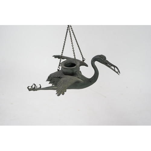 59 - A large Japanese bronze crane hanging lamp, 19th century, the crane modelled in-flight with outstr... 