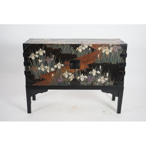 63 - A Japanese iris decorated travelling chest, Edo period, late 18th/early 19th century, decorated af... 