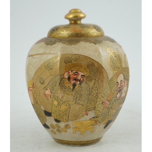 7 - A Japanese Satsuma Shichi-fuku-Jin octagonal jar and cover, Meiji period, painted with the Seven G... 