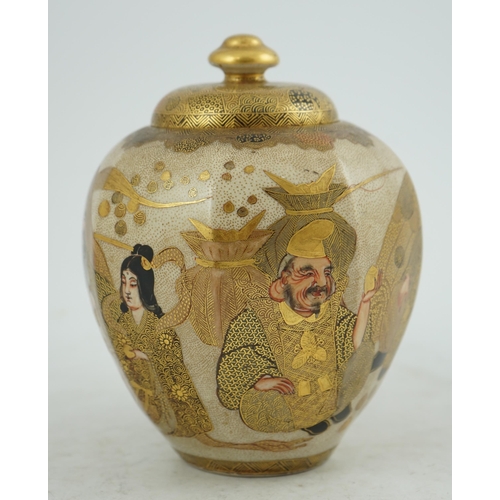 7 - A Japanese Satsuma Shichi-fuku-Jin octagonal jar and cover, Meiji period, painted with the Seven G... 