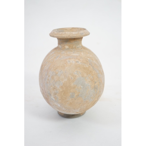 75 - A Chinese painted pottery cocoon jar, Western Han Dynasty (206 BC-AD 8), the grey pottery bottle bod... 