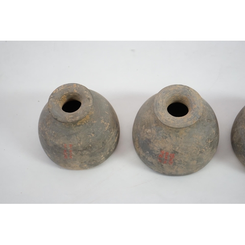 76 - Four very rare Chinese inscribed pottery jars, Han dynasty, with Oxford TL Test, each with a fine-gr... 