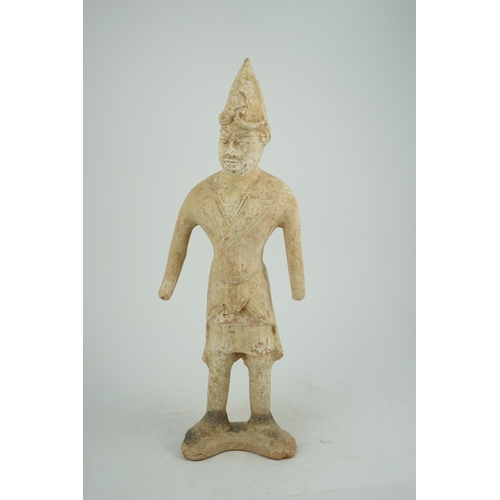 84 - A tall Chinese painted pottery foreigner figure, Tang Dynasty (AD 618-906), the buff-coloured potter... 