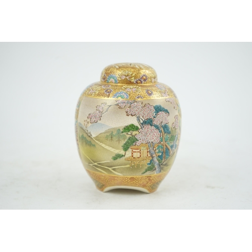 9 - A Japanese Satsuma ovoid koro and cover, Meiji period, painted with dignitaries and courtesans in an... 