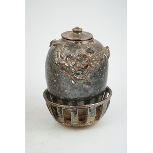 93 - A Chinese Song Dynasty stoneware jar with rare stand and cover, Song Dynasty (AD 960-1279), the oute... 