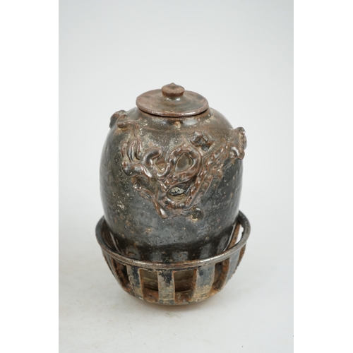 93 - A Chinese Song Dynasty stoneware jar with rare stand and cover, Song Dynasty (AD 960-1279), the oute... 