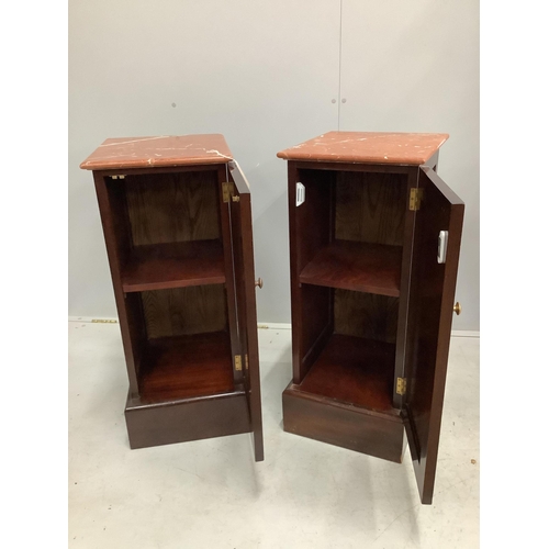 1048 - A pair of modern marble top mahogany bedside cupboards, width 36cm, height 85cm. Condition - good... 