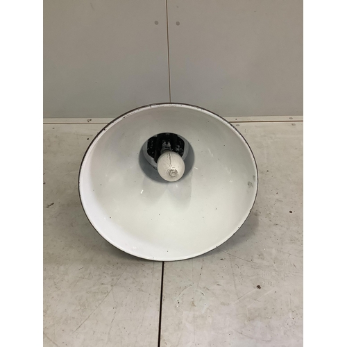 1053 - A set of four mid century Mazda industrial ceiling lights, height 68cm, diameter 50cm and one other ... 