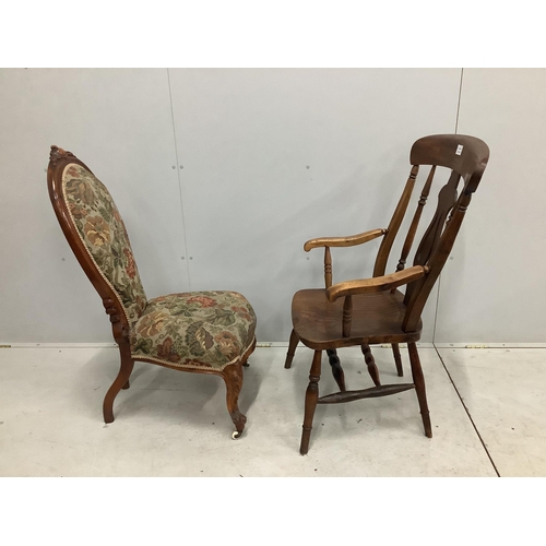 1058 - A Victorian elm, ash and beech elbow chair and a walnut spoon back nursing chair. Condition - fair t... 