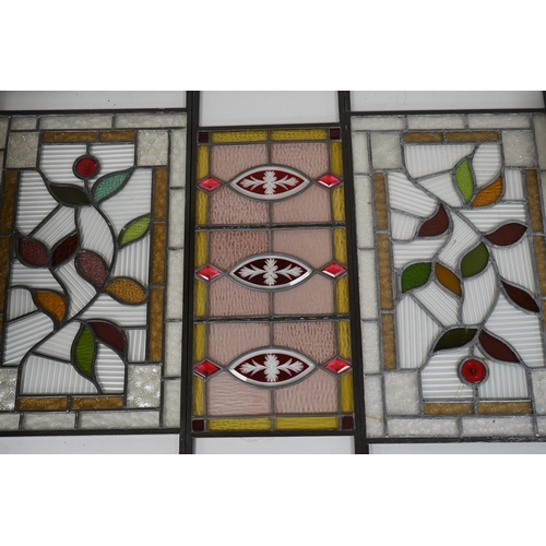 1408 - Three stained glass panels in metal frames and a stained glass lantern, longest 55.5cm. Condition - ... 