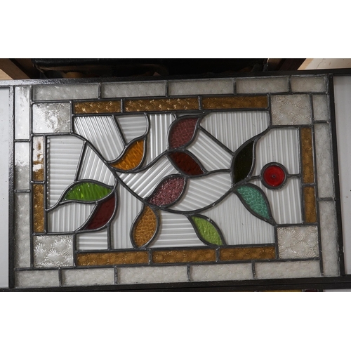 1408 - Three stained glass panels in metal frames and a stained glass lantern, longest 55.5cm. Condition - ... 
