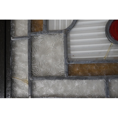 1408 - Three stained glass panels in metal frames and a stained glass lantern, longest 55.5cm. Condition - ... 