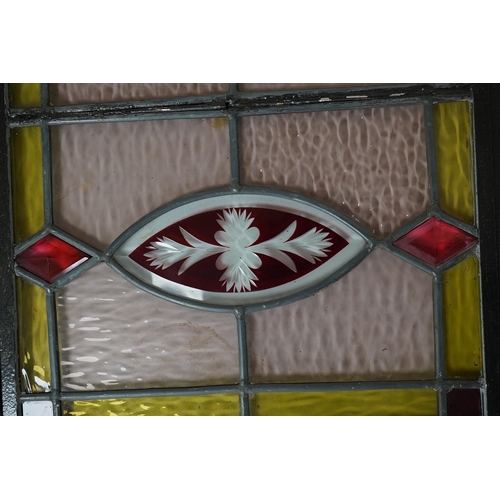 1408 - Three stained glass panels in metal frames and a stained glass lantern, longest 55.5cm. Condition - ... 