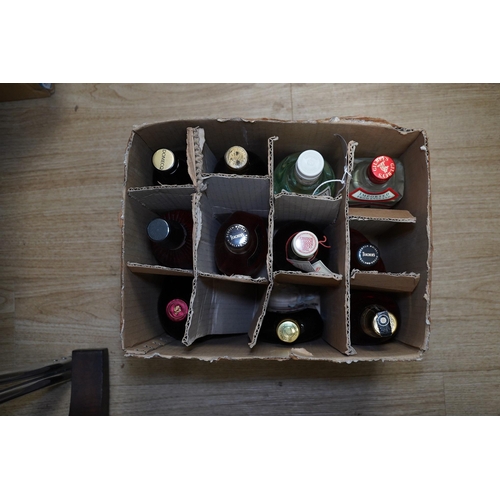 1410 - Nine bottles of spirits and two Sherry's. Condition - storage unknown