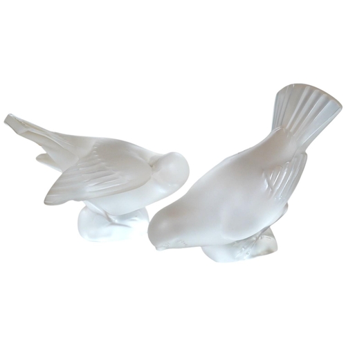 1413 - Two Lalique frosted glass figures, Moineau Coquet and Moineau Hardi, tallest 10cm. Condition- fair t... 