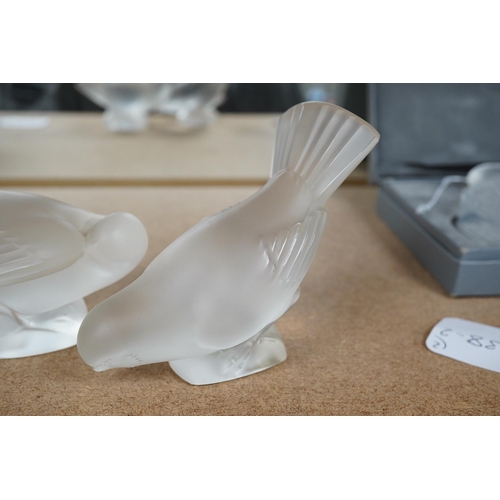 1413 - Two Lalique frosted glass figures, Moineau Coquet and Moineau Hardi, tallest 10cm. Condition- fair t... 