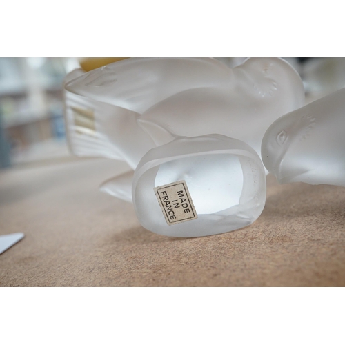 1413 - Two Lalique frosted glass figures, Moineau Coquet and Moineau Hardi, tallest 10cm. Condition- fair t... 