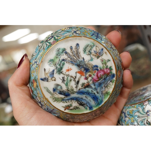 1417 - A Chinese porcelain nest of five enamelled porcelain barrel shaped boxes, c.1900, largest 12cm high.... 