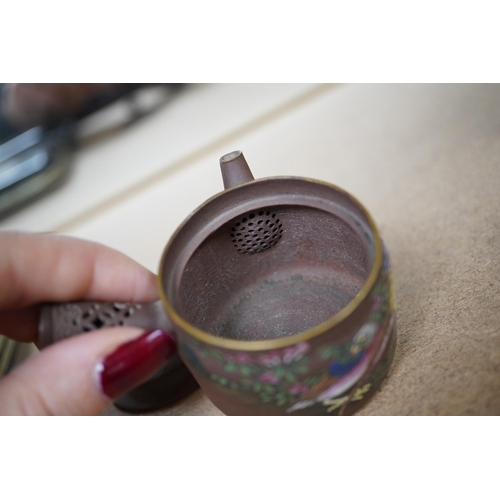1419 - A 19th century Chinese enamelled Yixing miniature teapot, 7.5cm wide. Condition - good