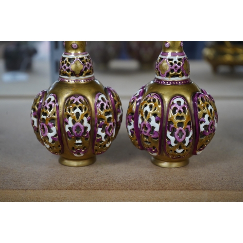 1420 - A pair of small Hungarian Zsolnay reticulated vases, 15cm high. Condition - good