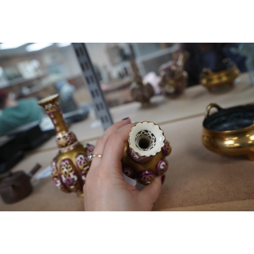 1420 - A pair of small Hungarian Zsolnay reticulated vases, 15cm high. Condition - good