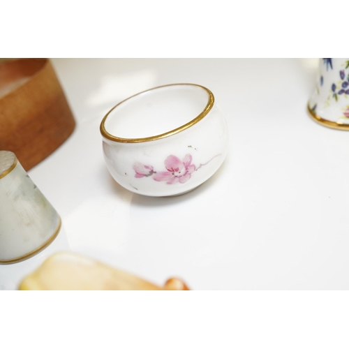 1440 - A mixed collection of miniature items including a hound whistle, a candle snuffer and a glass tea se... 