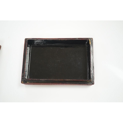 1449 - A Chinese carved jade mounted cinnabar lacquer box, 19th / 20th century, 14cm wide. Condition - fair... 