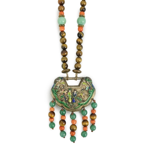 1450 - A Chinese silver and enamel amulet tiger's eye, coral and turquoise bead necklace, housed in a liber... 