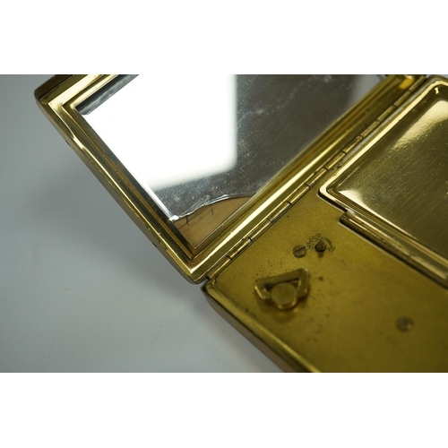 1455 - A Japanese damascened iron and gilt metal musical compact, 9cm wide. Condition - poor