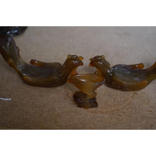 1460 - A pair of unusual Chinese phoenix vessels, possibly agate, vessel with base 11cm high. Condition - o... 