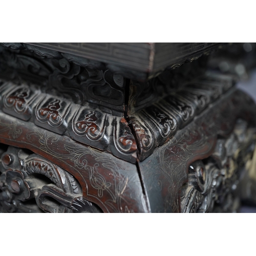 213 - An important pair of Chinese carved zitan and silver wire inlaid cloud and dragon curio cabinets a... 