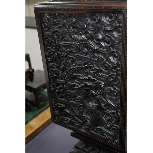 213 - An important pair of Chinese carved zitan and silver wire inlaid cloud and dragon curio cabinets a... 