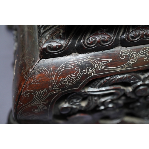 213 - An important pair of Chinese carved zitan and silver wire inlaid cloud and dragon curio cabinets a... 