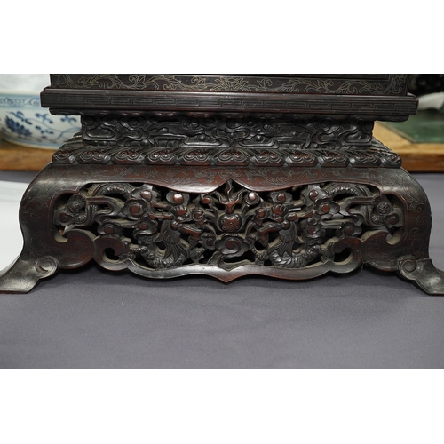 213 - An important pair of Chinese carved zitan and silver wire inlaid cloud and dragon curio cabinets a... 