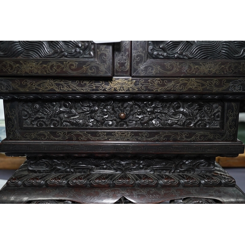 213 - An important pair of Chinese carved zitan and silver wire inlaid cloud and dragon curio cabinets a... 