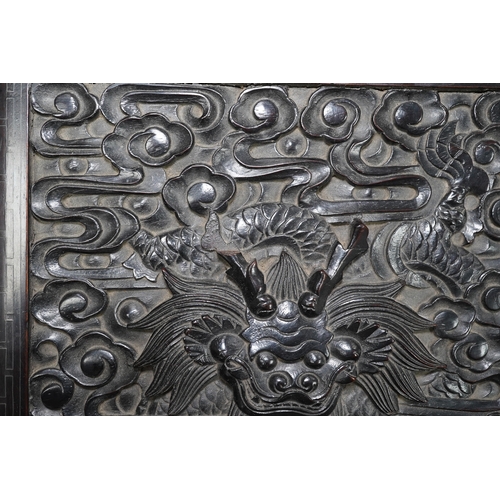 213 - An important pair of Chinese carved zitan and silver wire inlaid cloud and dragon curio cabinets a... 