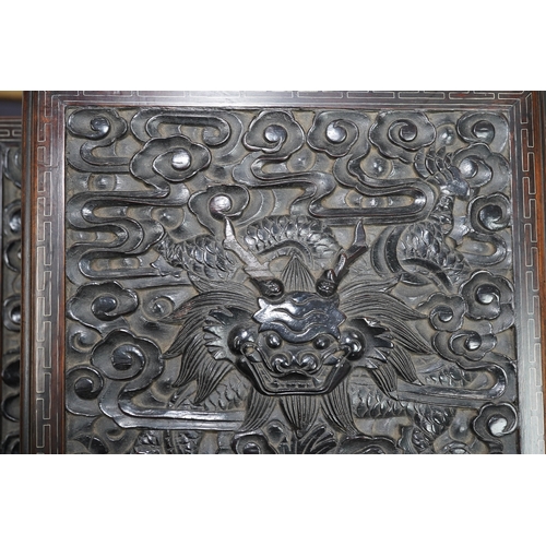 213 - An important pair of Chinese carved zitan and silver wire inlaid cloud and dragon curio cabinets a... 