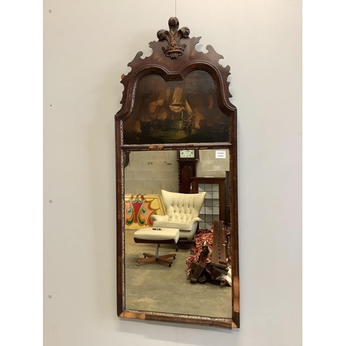 105 - An 18th century style mahogany fret cut wall mirror, with painted decoration, width 51cm, height 124... 