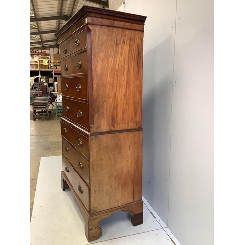 108 - A George III inlaid mahogany chest on chest, width 106cm, depth 50cm, height 185cm. Condition - fair... 