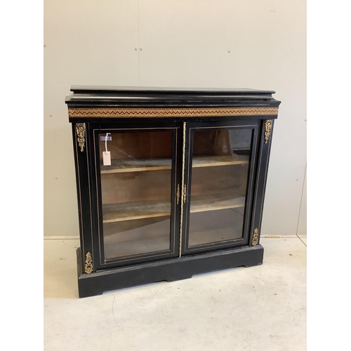 13 - A late Victorian parquetry inlaid gilt metal mounted ebonised pier cabinet, width 113cm, depth 34cm,... 