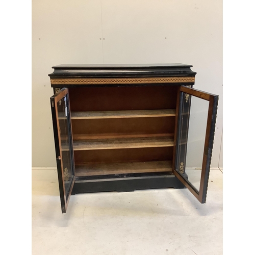 13 - A late Victorian parquetry inlaid gilt metal mounted ebonised pier cabinet, width 113cm, depth 34cm,... 