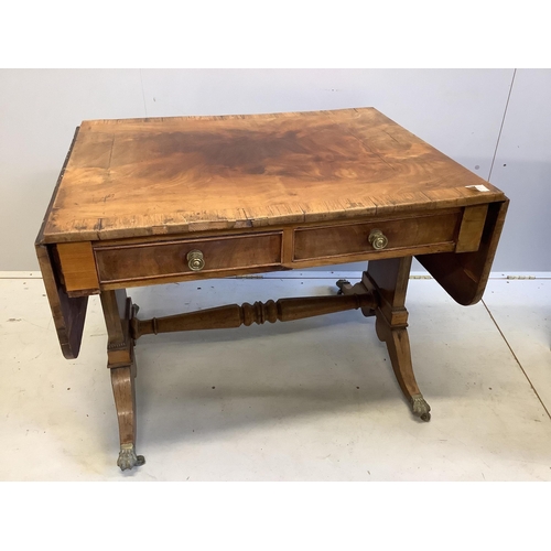 18 - A Regency rosewood banded mahogany sofa table, width 92cm, depth 70cm, height 69cm. Condition - poor... 