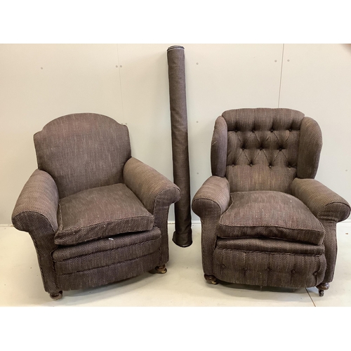 26 - A near pair of early 20th century upholstered armchairs, recently upholstered, larger width 92cm, de... 