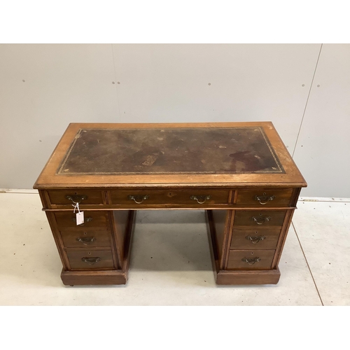 29 - A late Victorian oak pedestal desk, width 120cm, depth 64cm, height 73cm. Condition - poor to fair... 