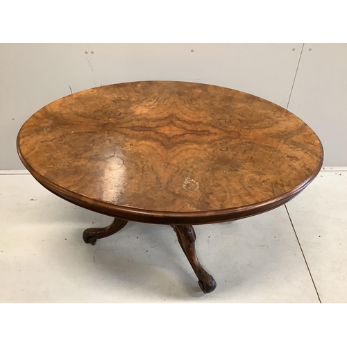 32 - A Victorian oval burr walnut tilt top loo table, (missing one bolt), width 136cm, depth 98cm, height... 