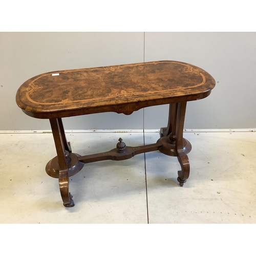 34 - A Victorian inlaid burr walnut rectangular centre table, width 104cm, depth 54cm, height 72cm. Condi... 