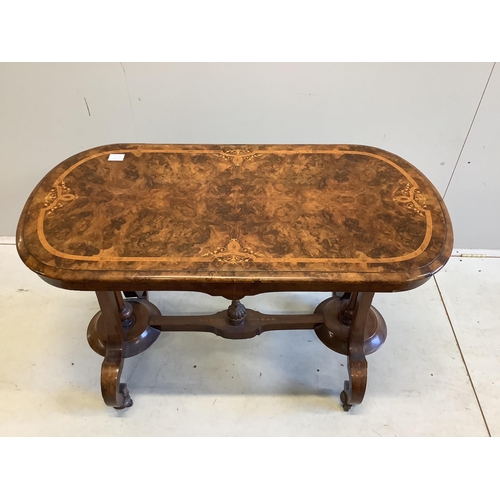 34 - A Victorian inlaid burr walnut rectangular centre table, width 104cm, depth 54cm, height 72cm. Condi... 