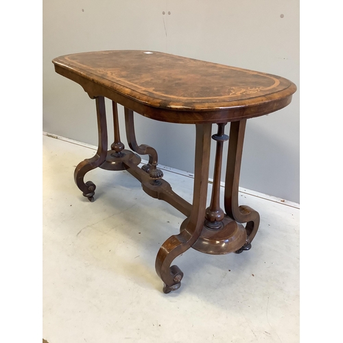 34 - A Victorian inlaid burr walnut rectangular centre table, width 104cm, depth 54cm, height 72cm. Condi... 